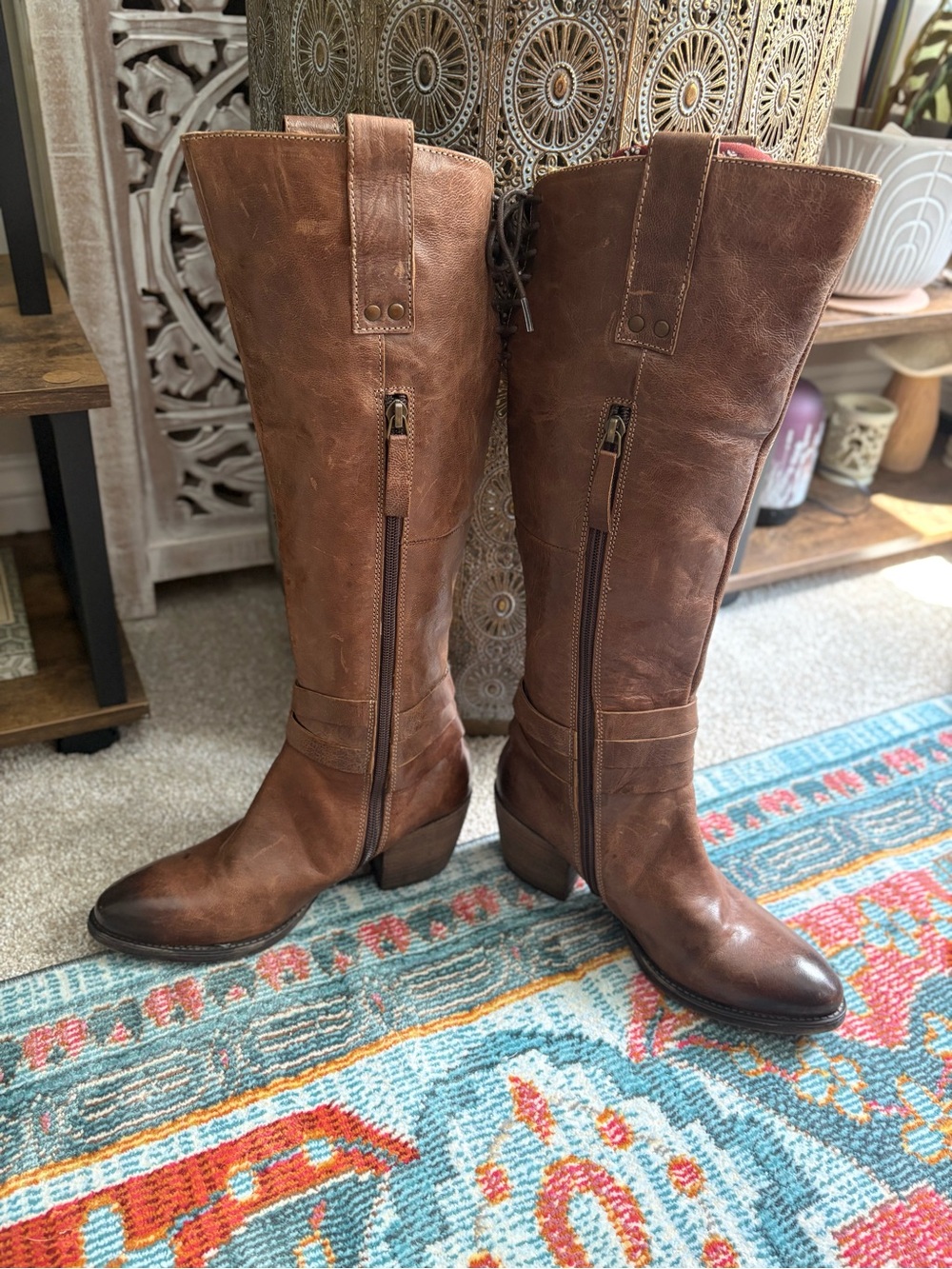 Roan by Bed Stu Brown Distressed Leather Knee High Lace Up Boots Size 6 - Picture 4 of 14